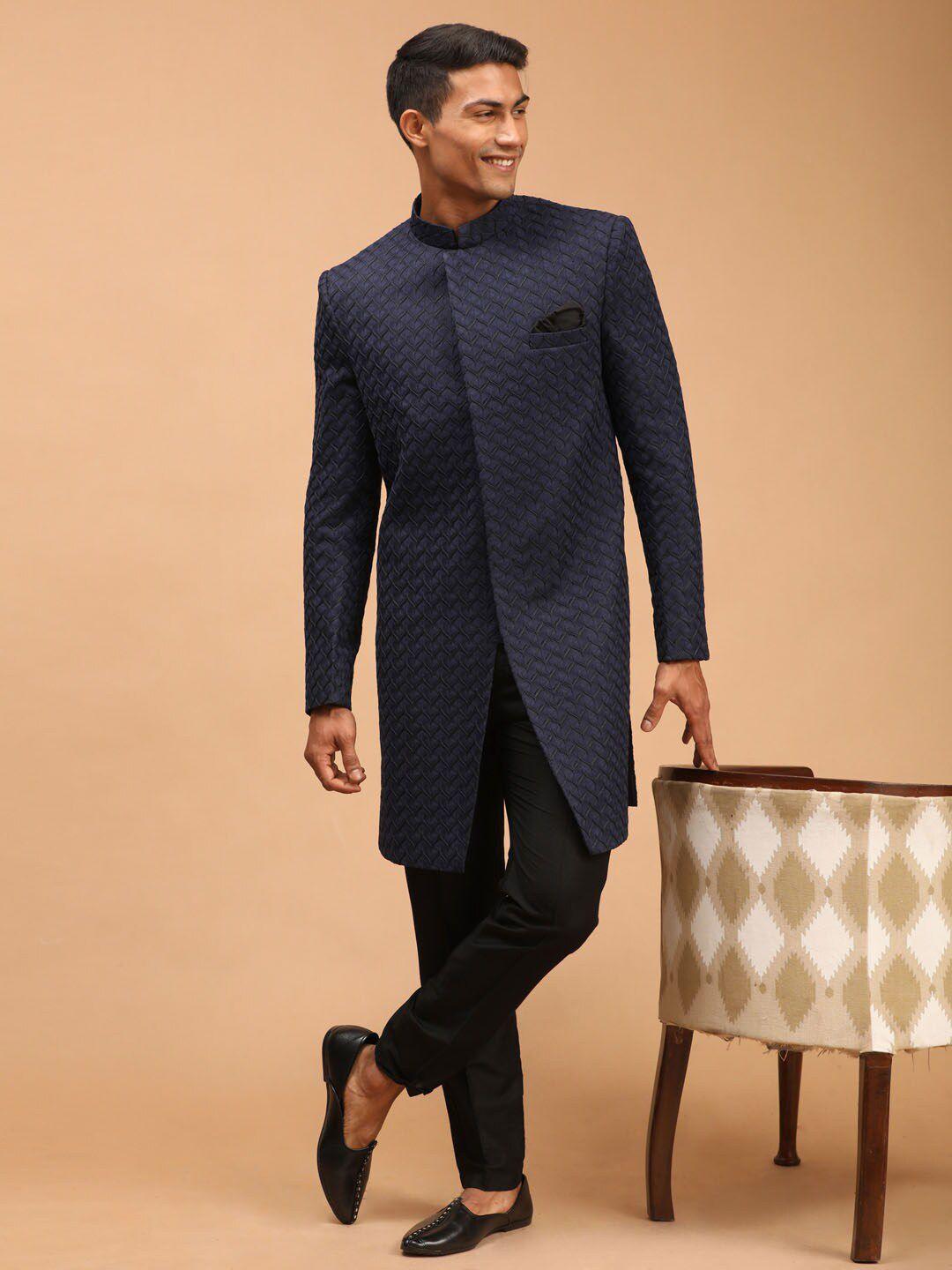 shrestha by vastramay men navy blue & black self-design silk blend sherwani set