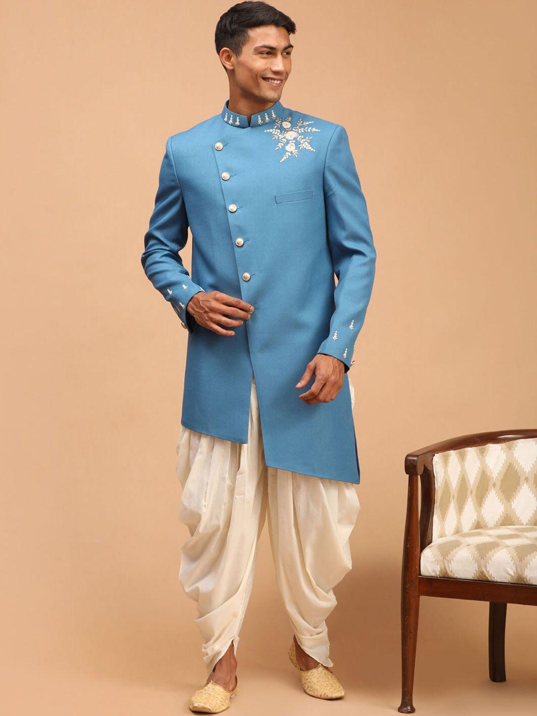 shrestha by vastramay men turquoise blue & cream silk blend sherwani set