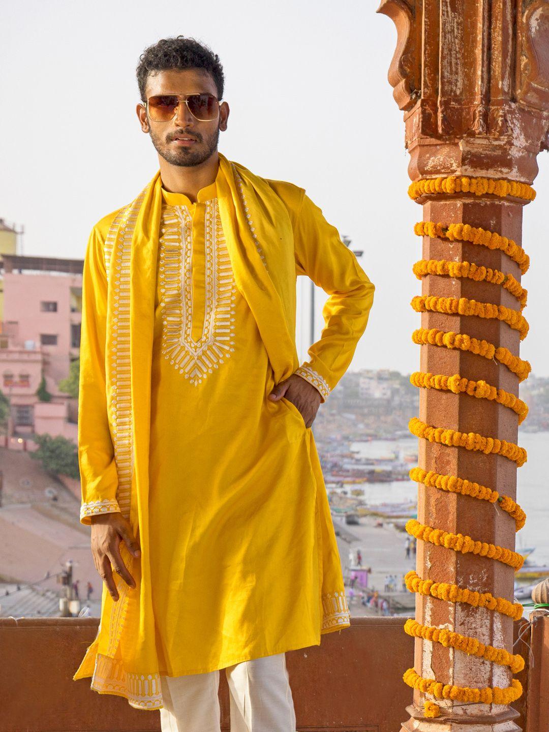 shrestha by vastramay men yellow embroidered kurta