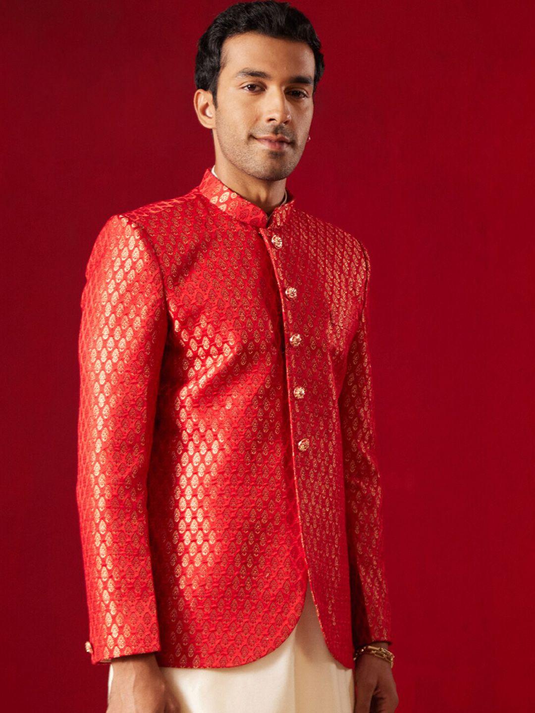 shrestha by vastramay self-designed slim-fit ethnic silk bandhgala blazers