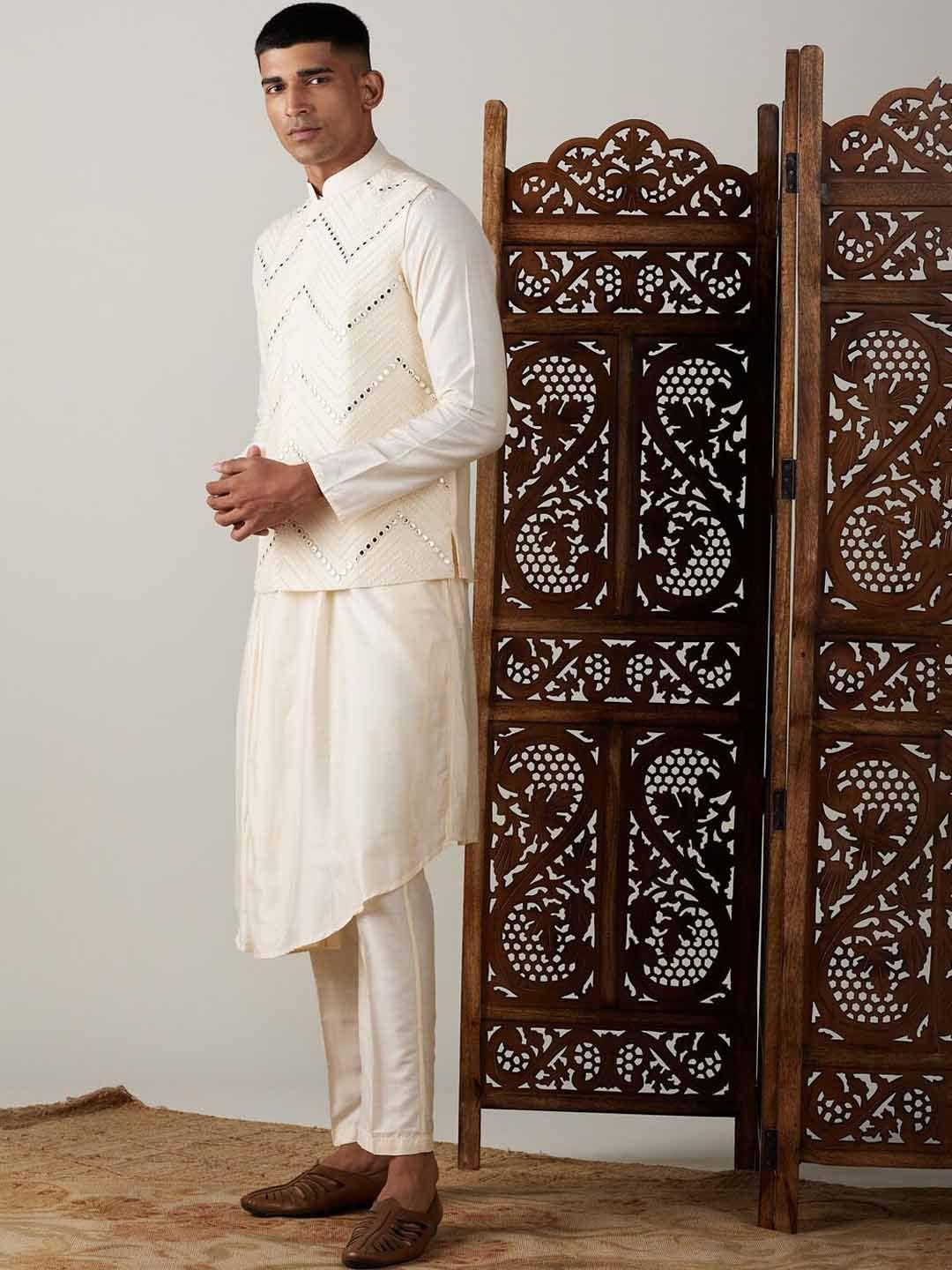 shrestha by vastramay angrakha kurta with pyjamas & mirror work jacket