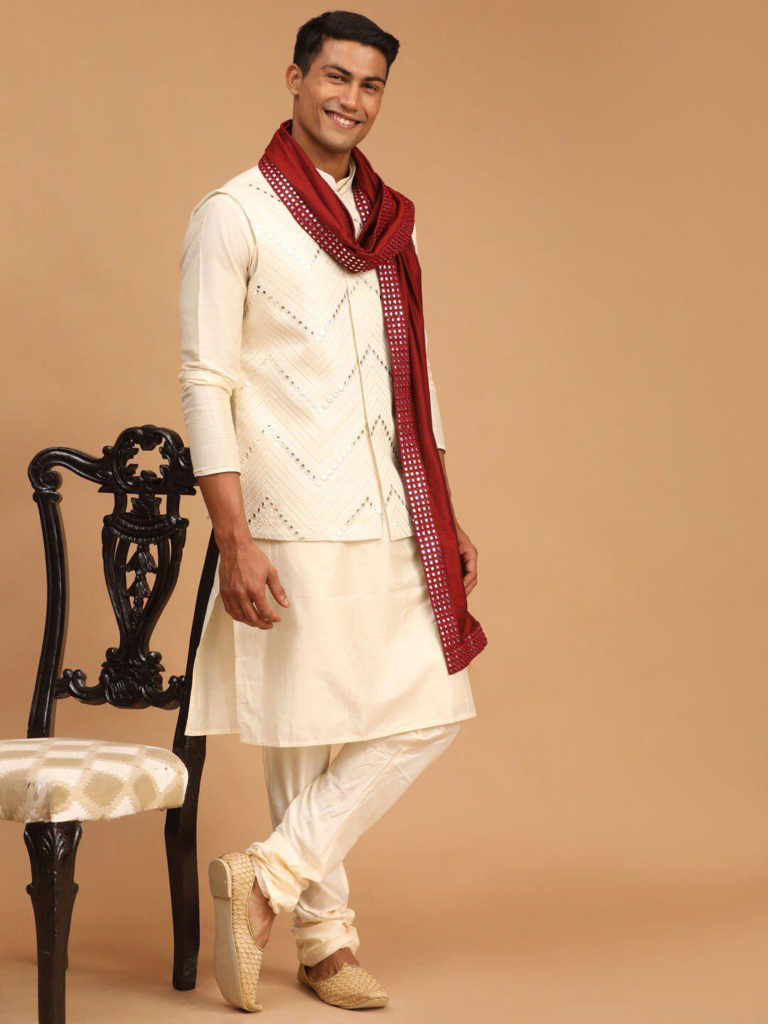 shrestha by vastramay cream jacket & solid kurta pyjama set with mirror dupatta