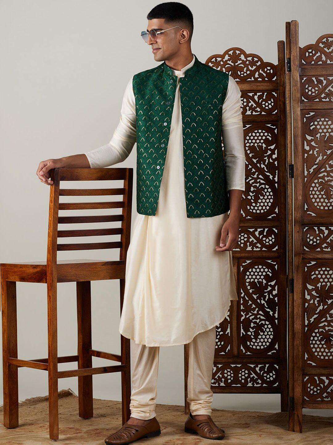 shrestha by vastramay mandarin collar pleated kurta with churidar & nehru jacket