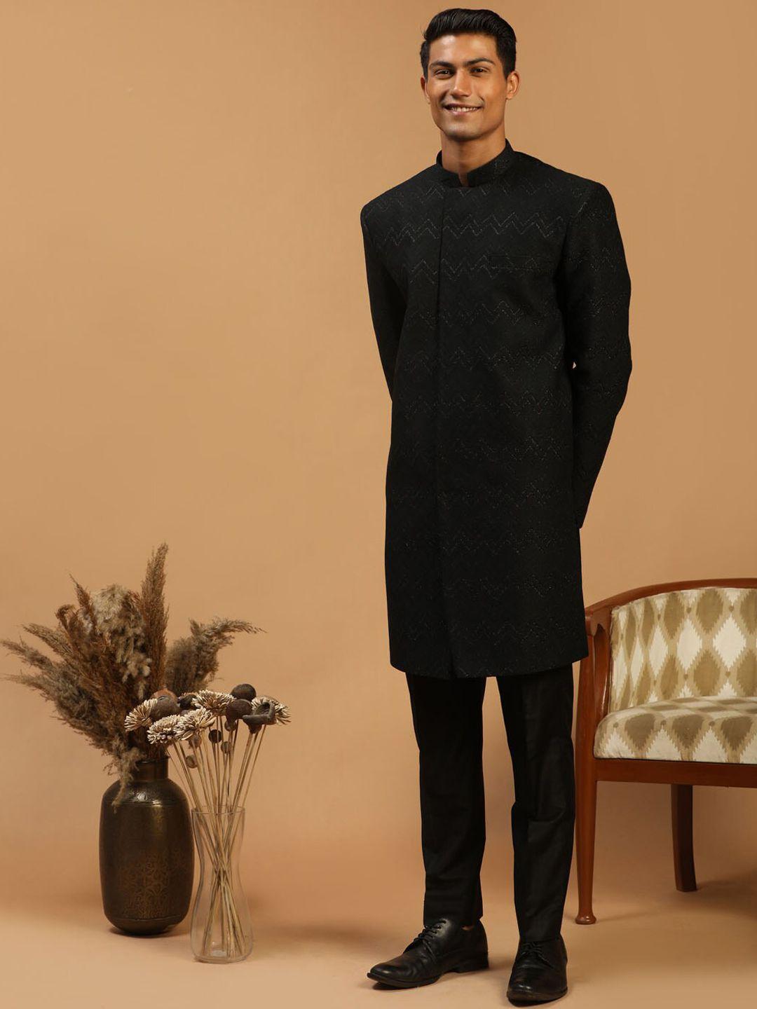 shrestha by vastramay men black self-design indo western sherwani set