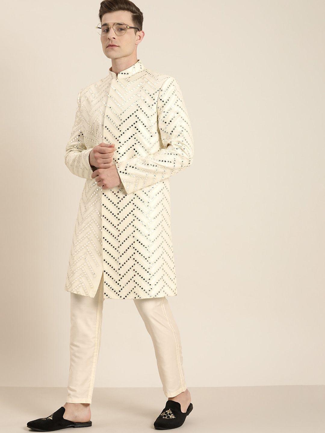 shrestha by vastramay men cream colored mirror worked sherwani set