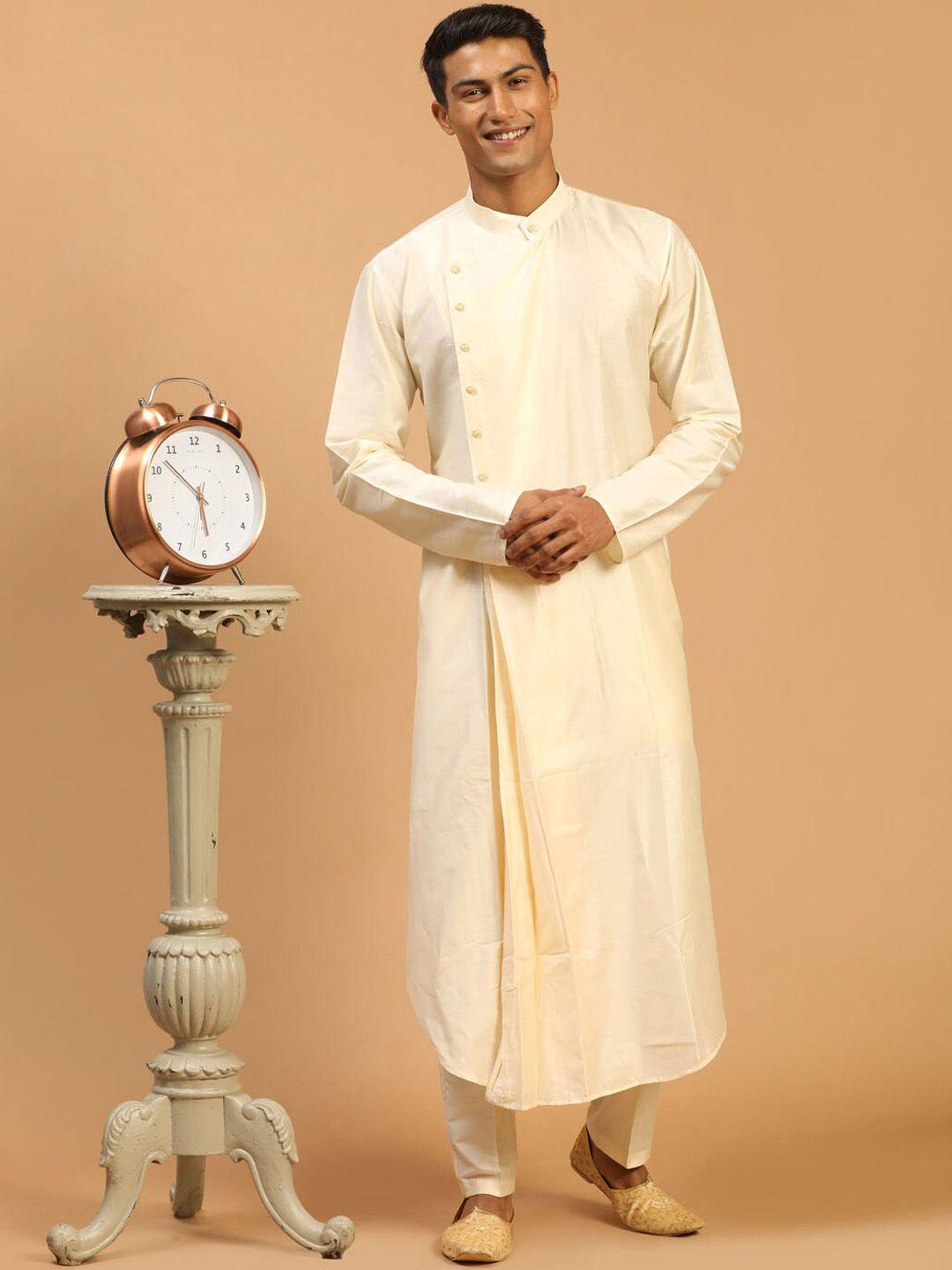 shrestha by vastramay men cream-coloured angrakha kurta with trousers