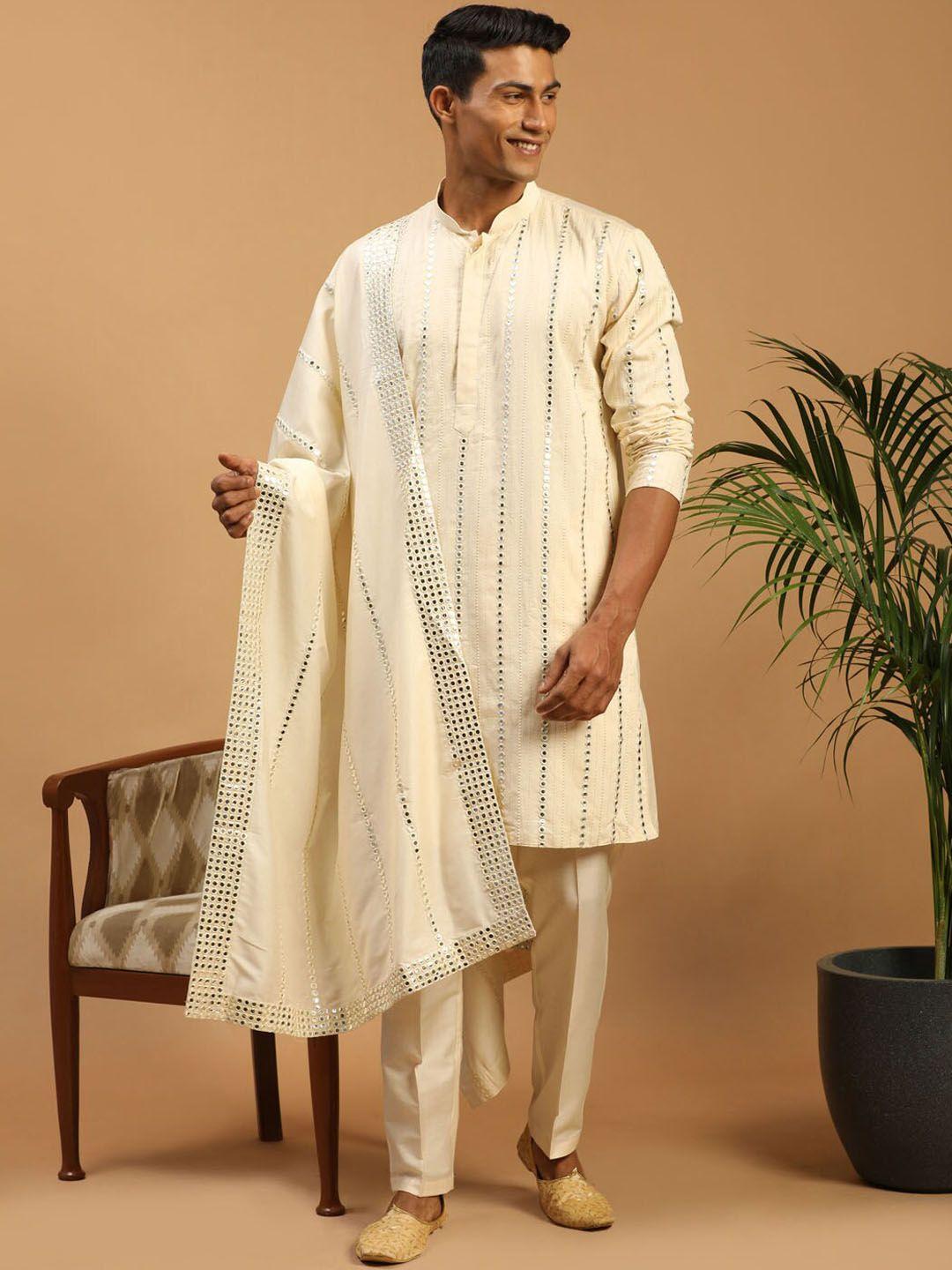 shrestha by vastramay men cream-coloured embroidered kurta with trousers & dupatta