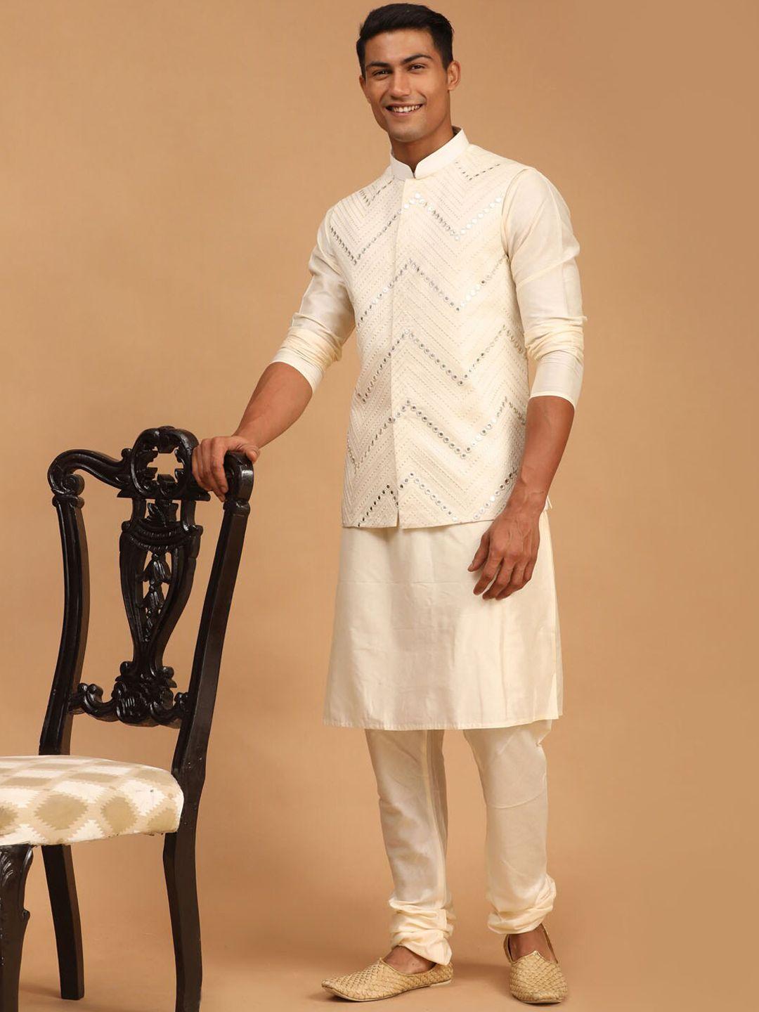 shrestha by vastramay men cream-coloured kurta & churidar with mirror work jacket set