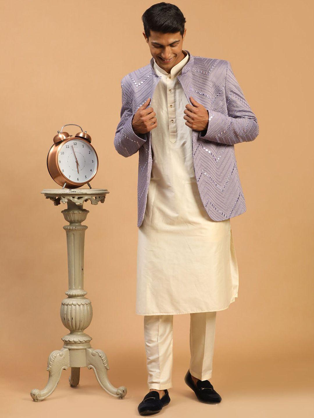 shrestha by vastramay men cream-coloured mirror work kurta with trousers & nehru jacket