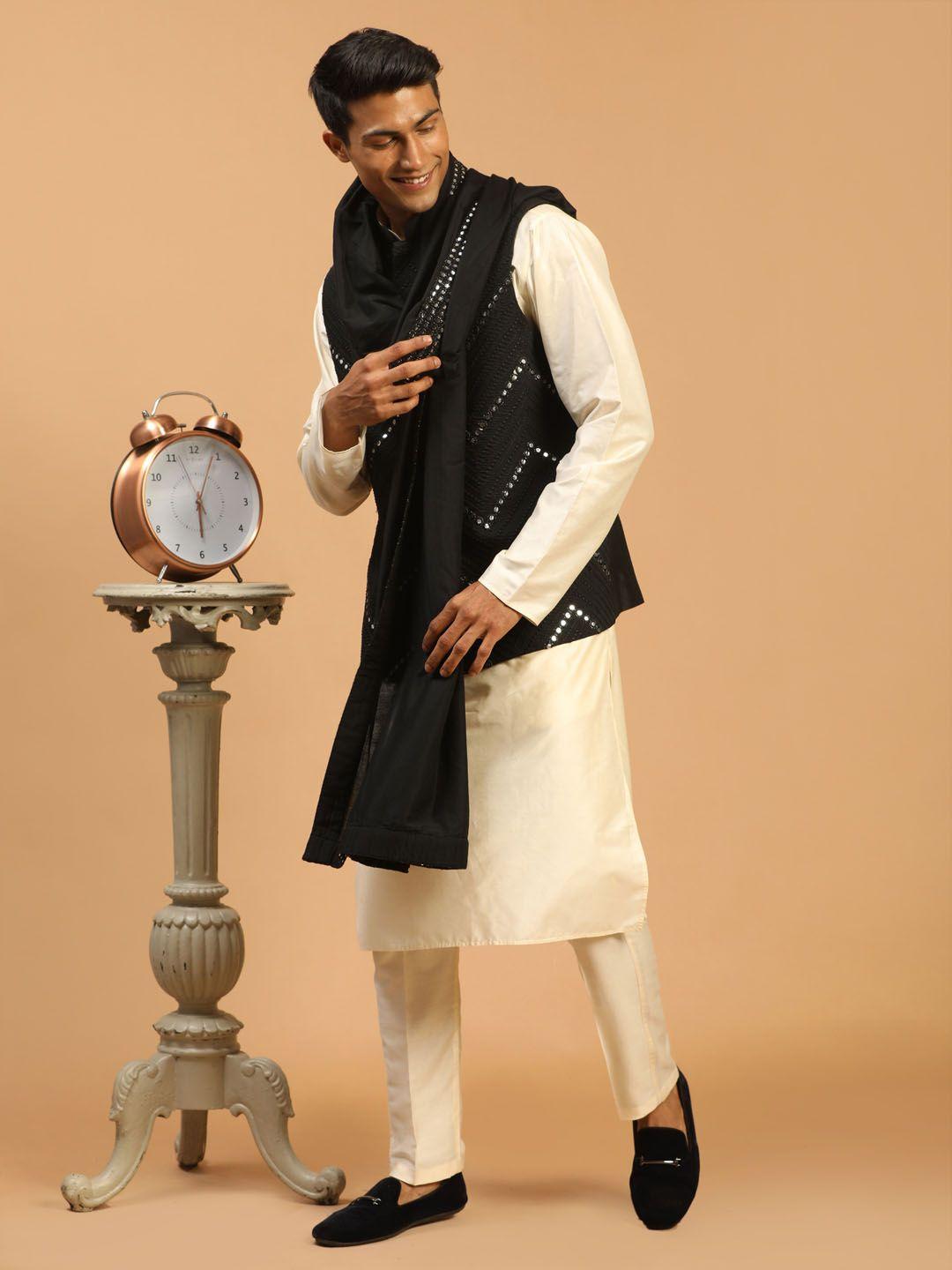 shrestha by vastramay men cream mirror work kurta with trousers & dupatta