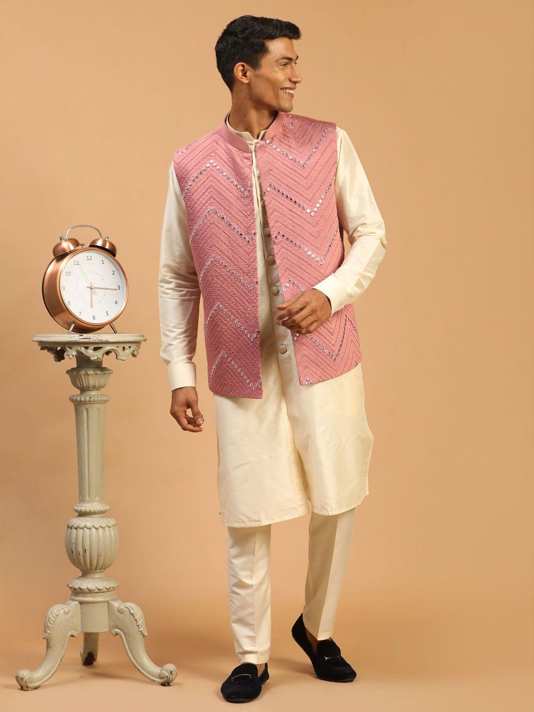 shrestha by vastramay men cream mirror work kurta with trousers