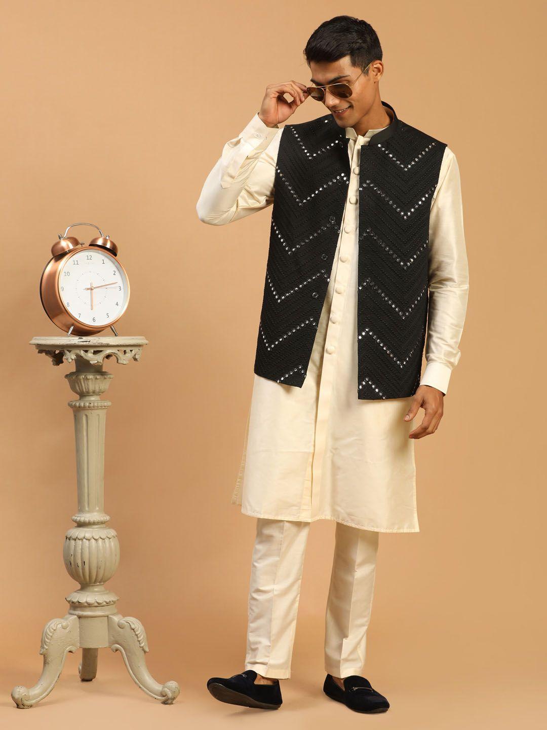 shrestha by vastramay men cream mirror work kurta with trousers