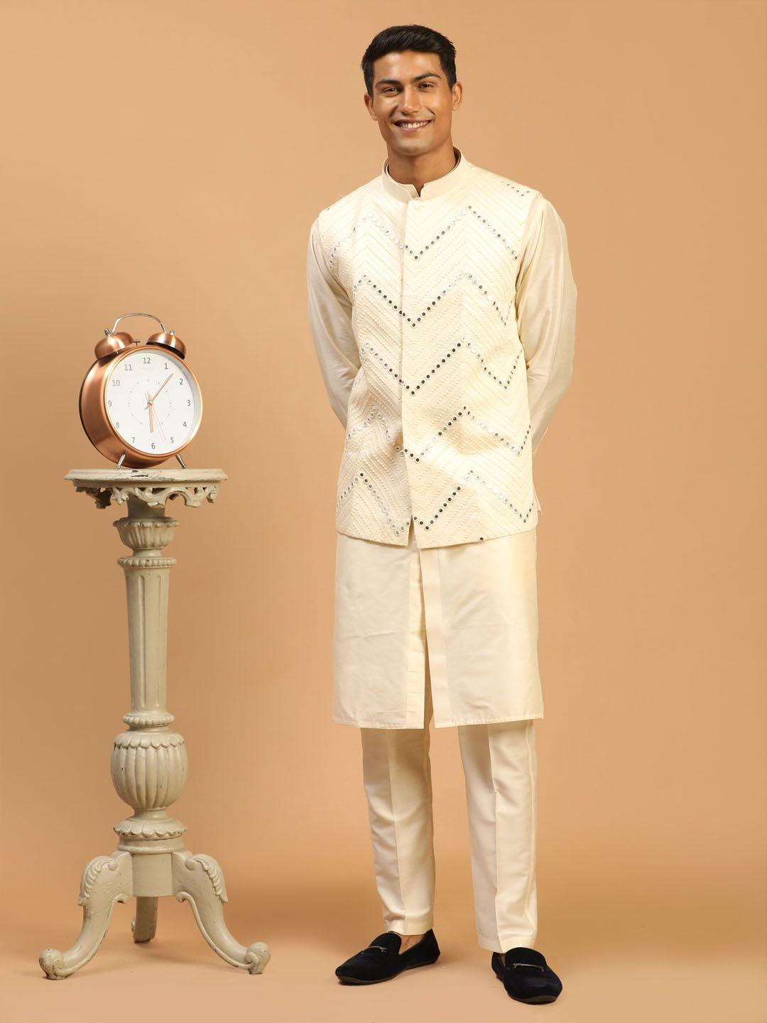 shrestha by vastramay men cream mirror work kurta with trousers