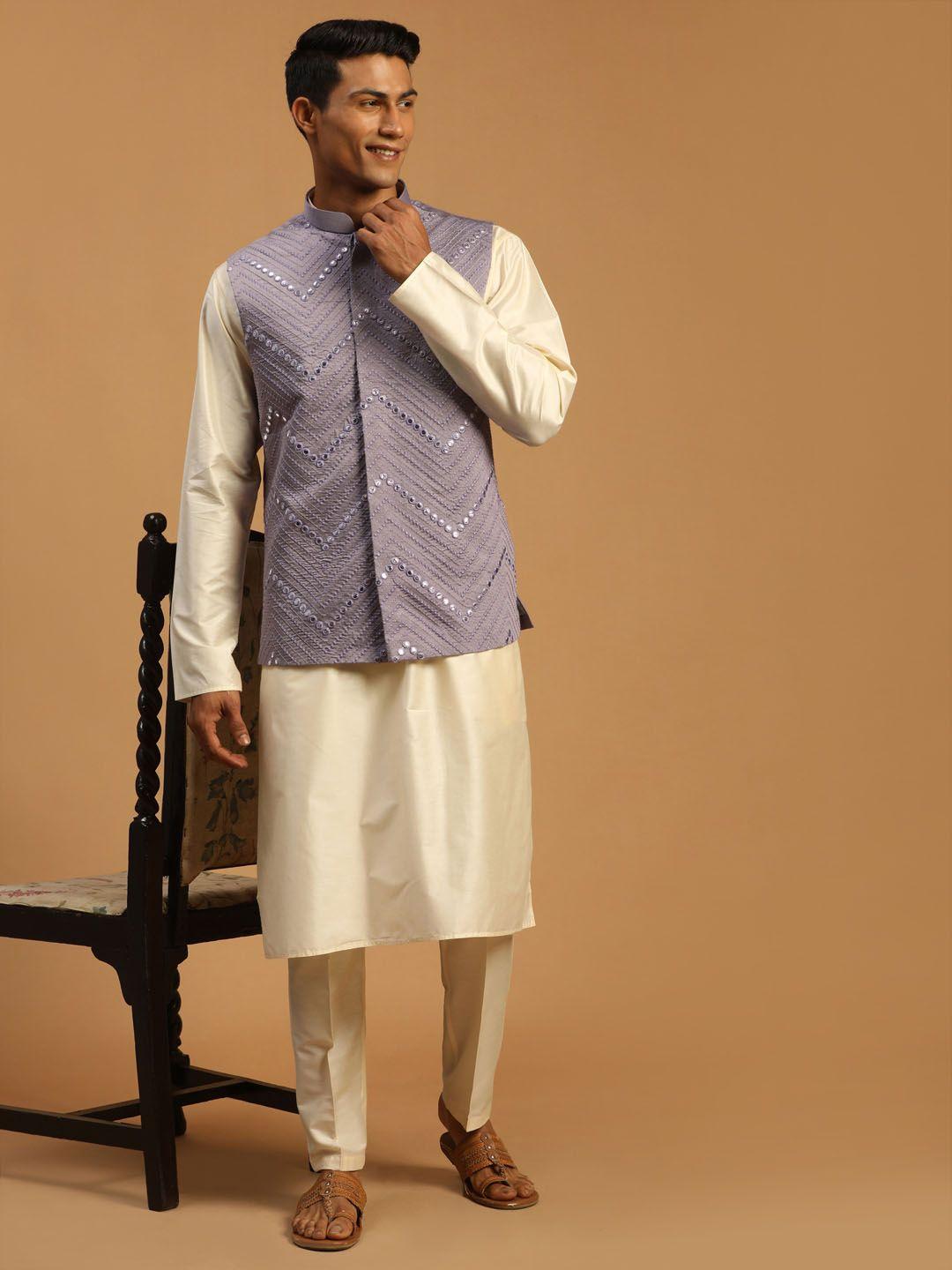 shrestha by vastramay men cream mirror work kurta with trousers