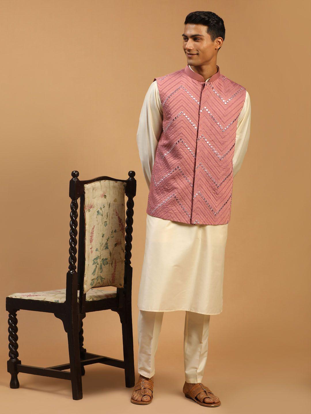 shrestha by vastramay men cream mirror work kurta with trousers