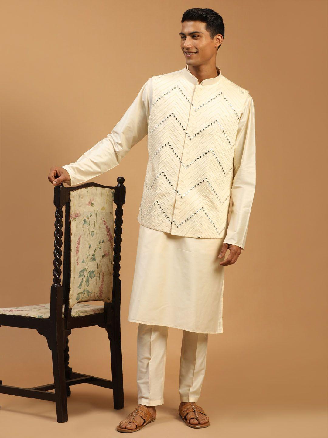 shrestha by vastramay men cream mirror work kurta with trousers