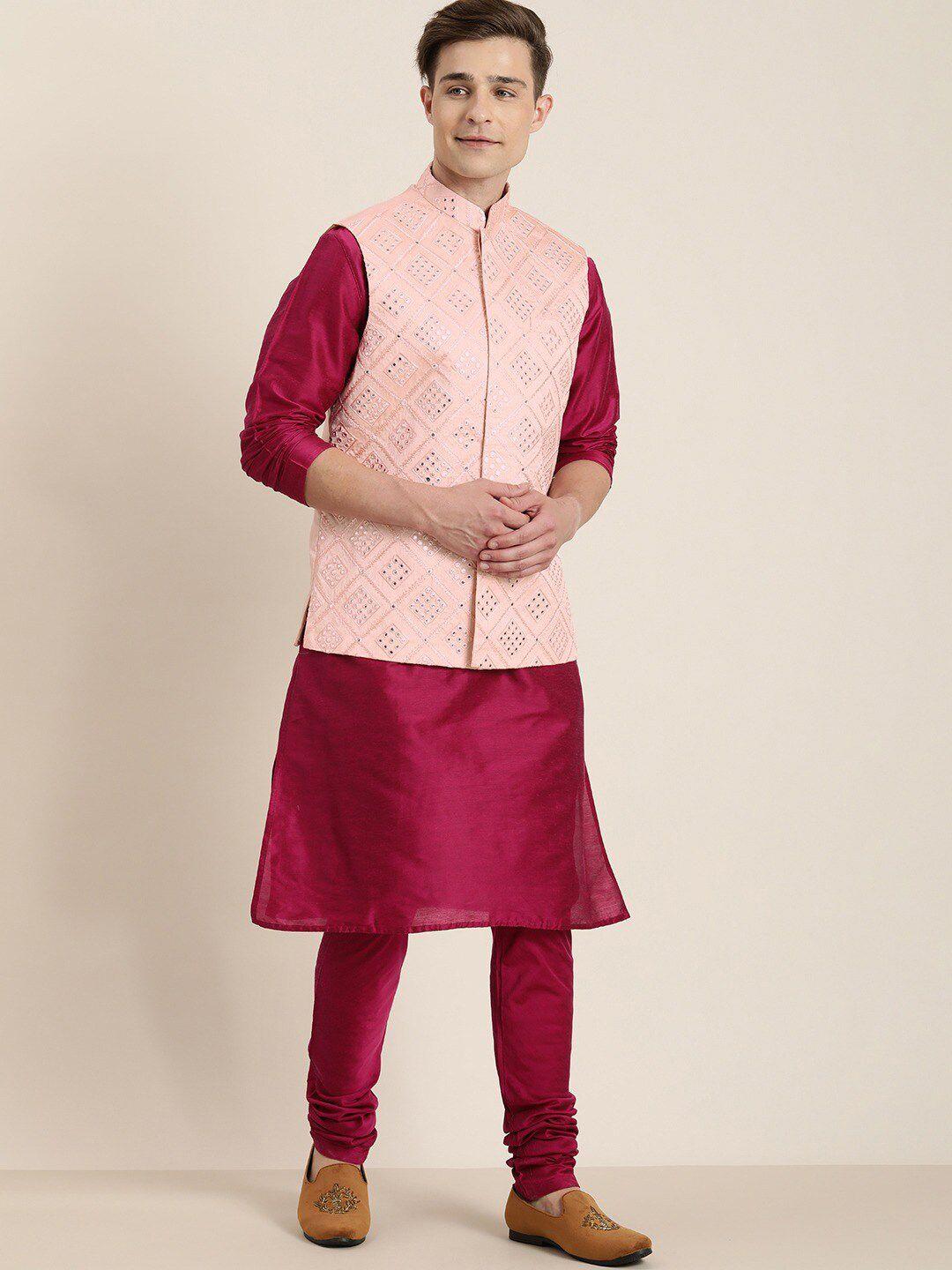 shrestha by vastramay men fuchsia kurta with churidar & nehru jacket