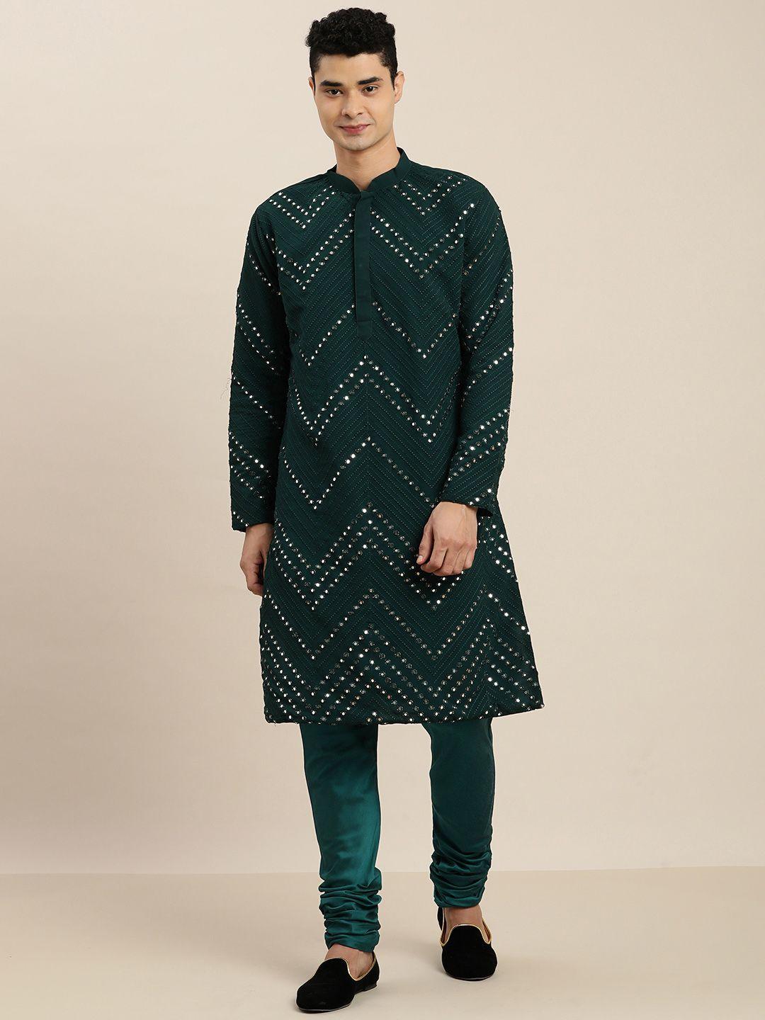 shrestha by vastramay men green embroidered mirror work kurta with churidar