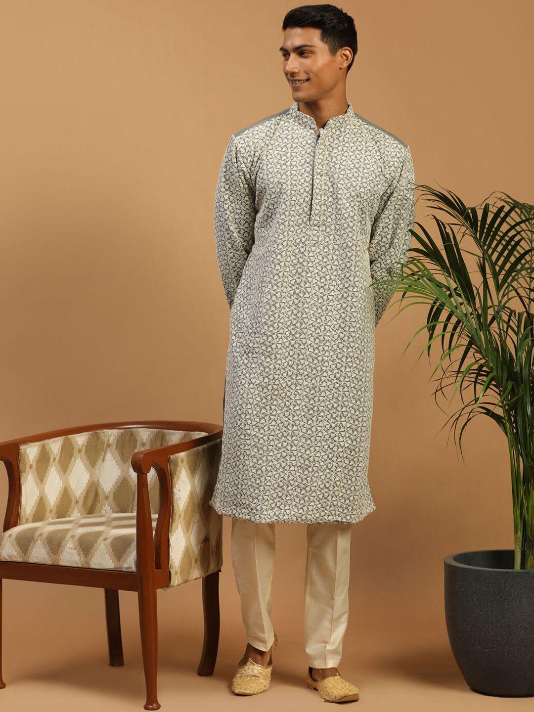 shrestha by vastramay men grey floral embroidered chikankari kurta with trousers