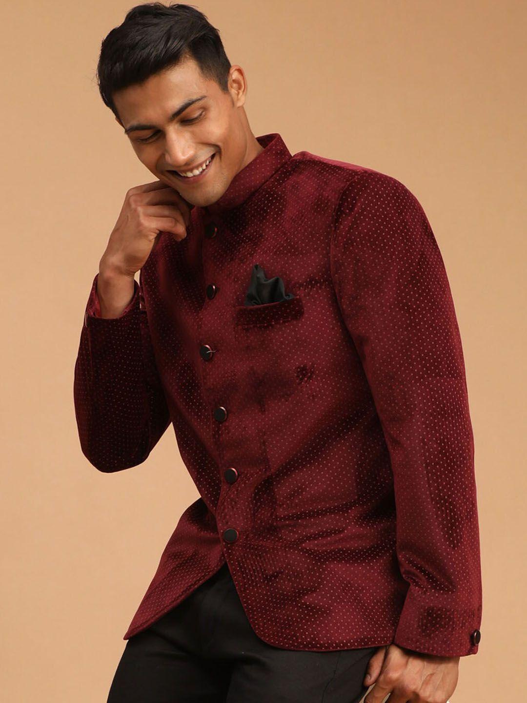 shrestha by vastramay men maroon solid slim-fit single breasted bandhgala velvet blazer