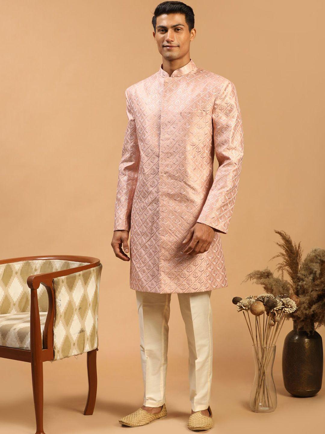 shrestha by vastramay men peach & cream thread work sherwani set