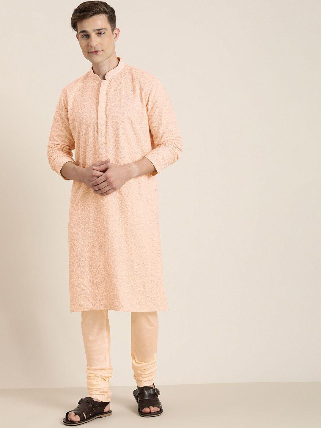 shrestha by vastramay men pink embroidered chikankari georgette kurta with churidar