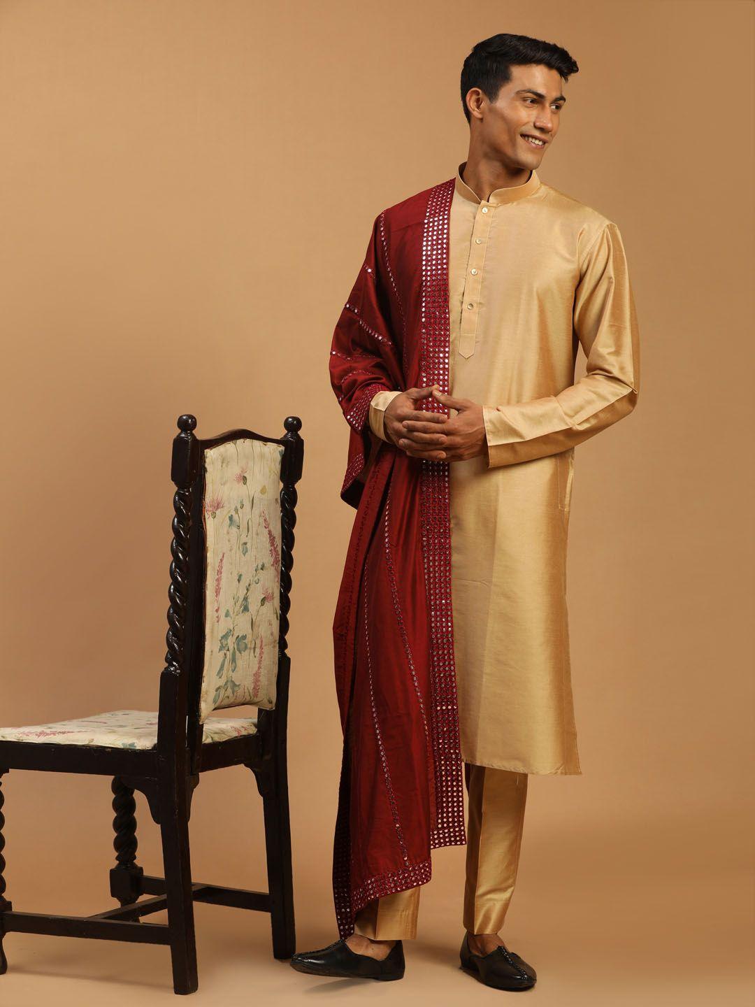 shrestha by vastramay men rose gold mirror work kurta with pyjamas & with dupatta