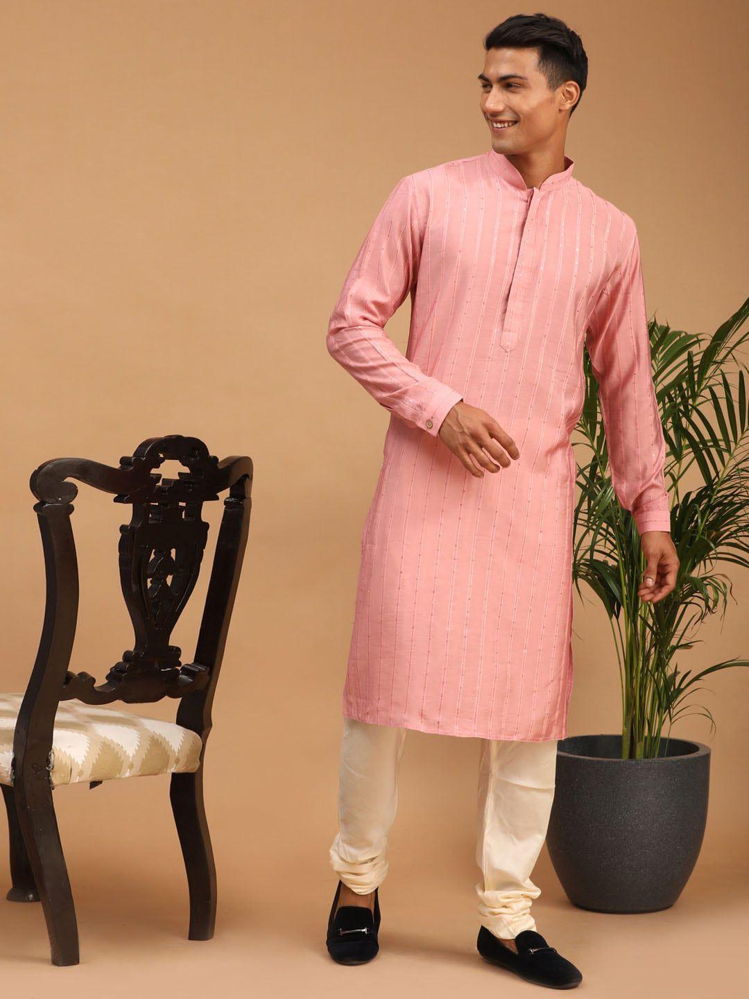 shrestha by vastramay men striped sequinned chanderi cotton kurta with pyjama set