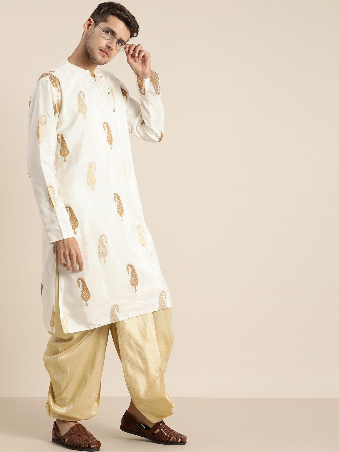 shrestha by vastramay men white & golden paisley design kurta with dhoti pants
