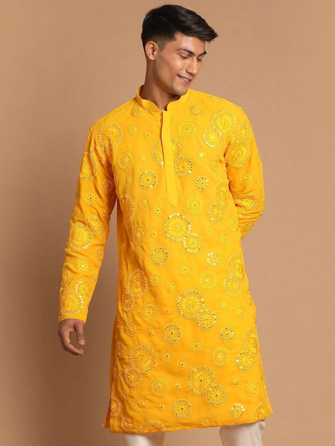 shrestha by vastramay men yellow floral embroidered mirror work georgette kurta