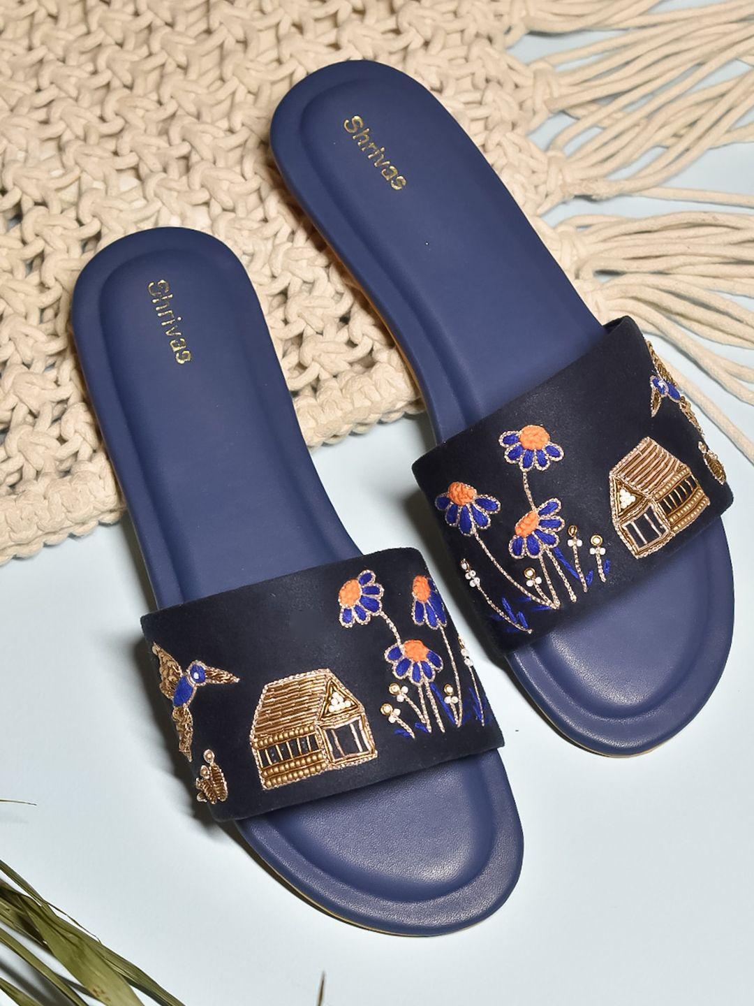 shrivas by archita mehta women navy blue printed ethnic open toe flats