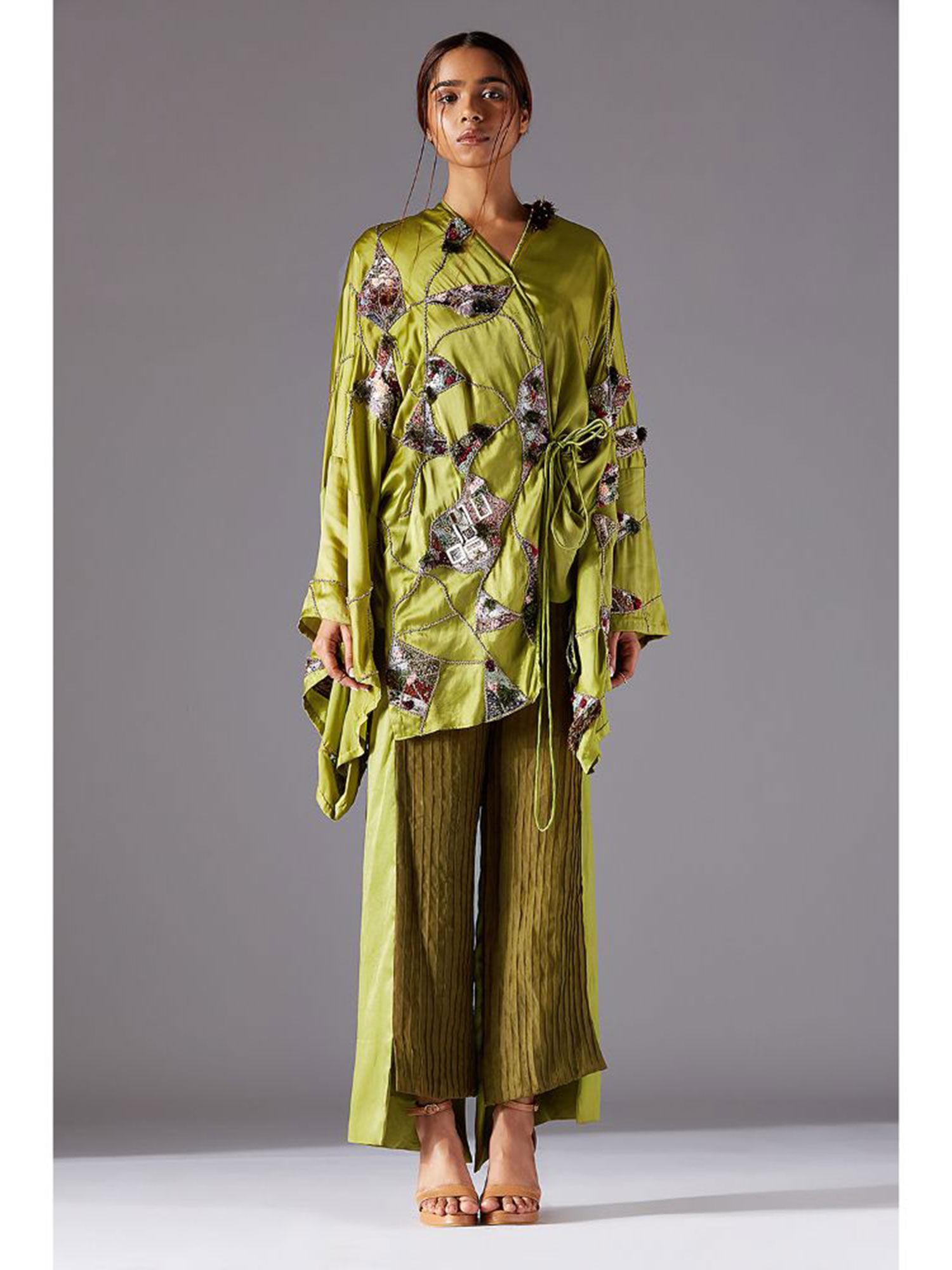 shrubbery kimono top with corrugated colorblocked pants