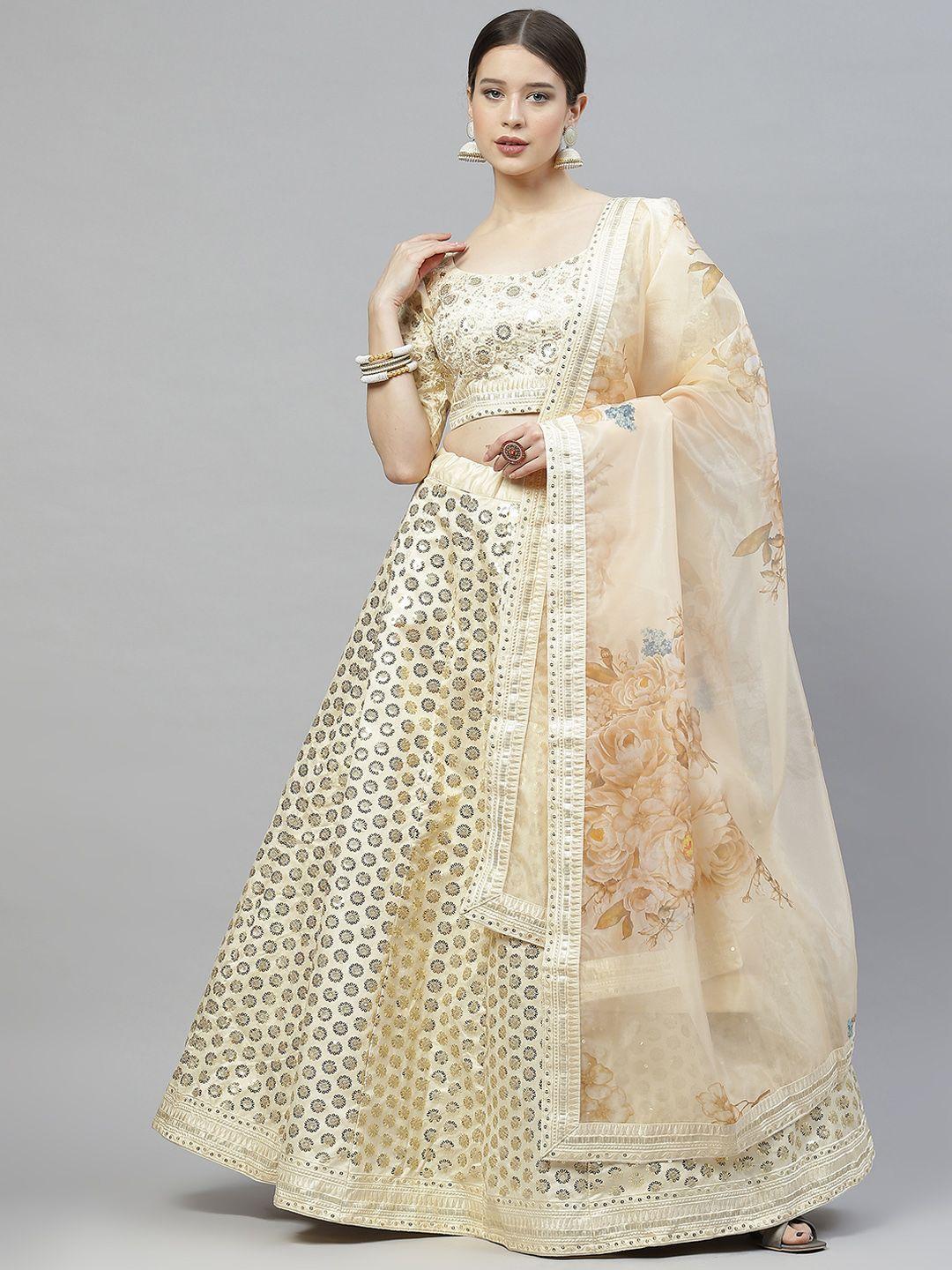 shubhkala beige embellished sequinned semi-stitched lehenga & unstitched blouse with dupatta