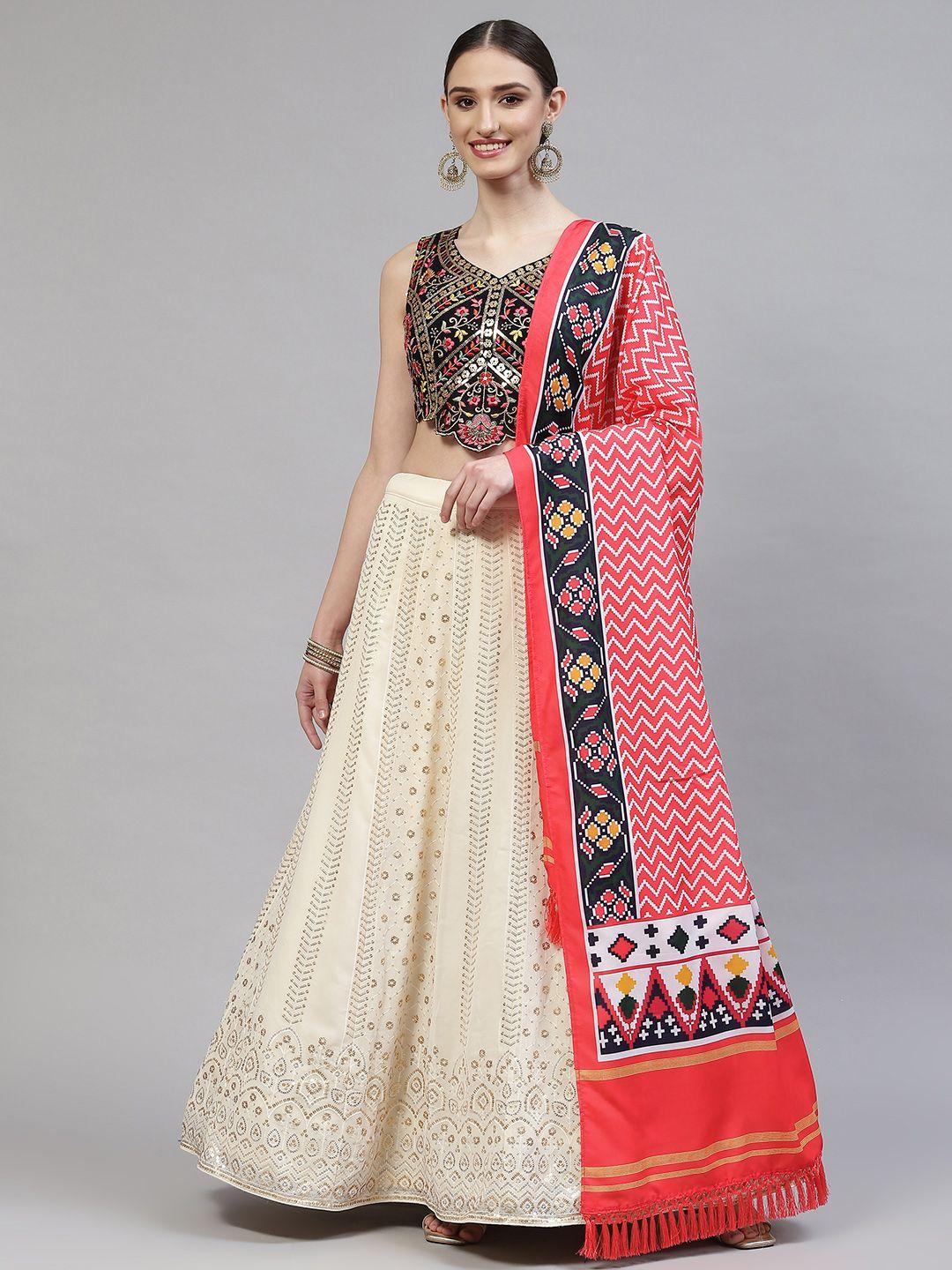 shubhkala beige embroidered semi-stitched lehenga & blouse with dupatta