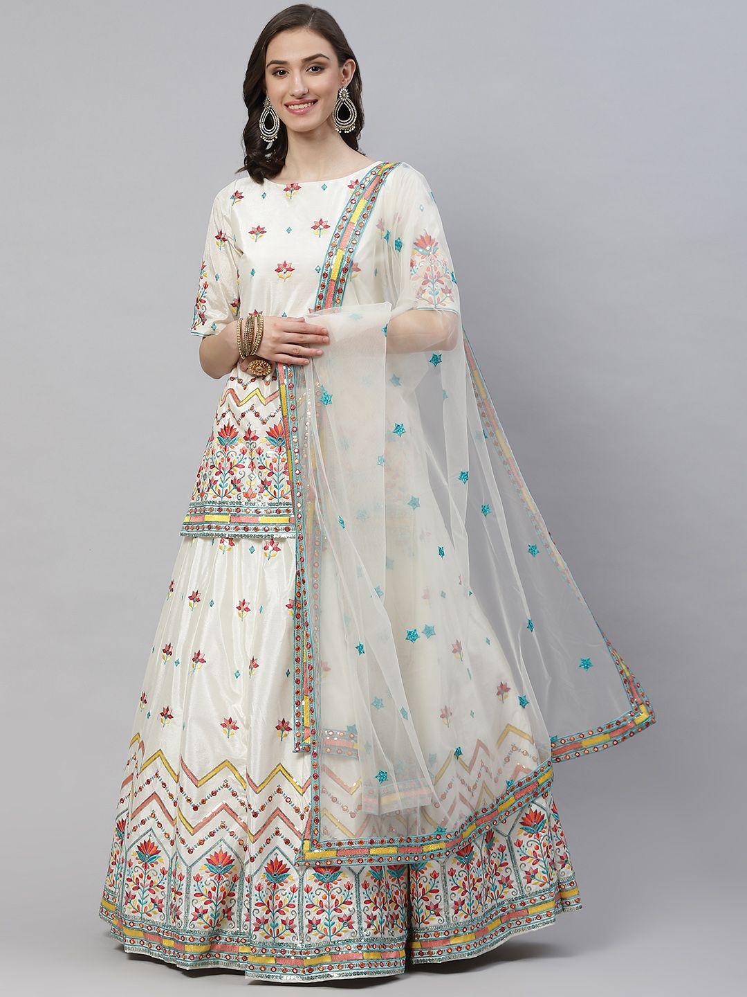 shubhkala beige embroidered sequinned semi-stitched lehenga & blouse with dupatta