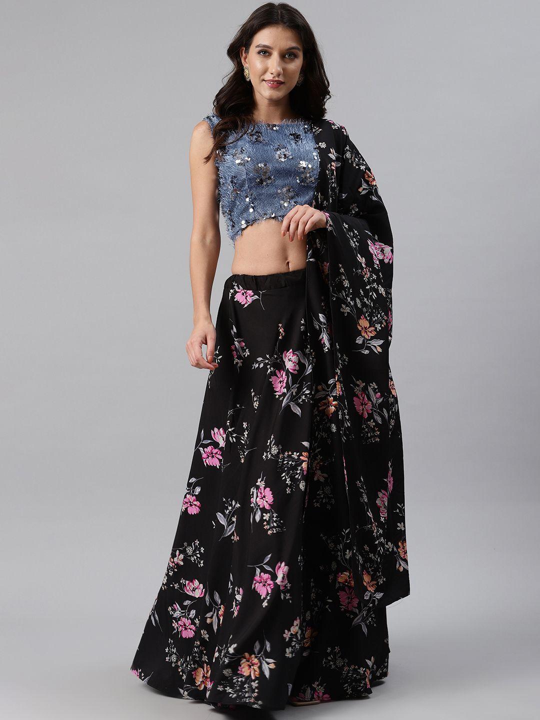 shubhkala black & blue floral print semi-stitched lehenga & unstitched blouse with dupatta