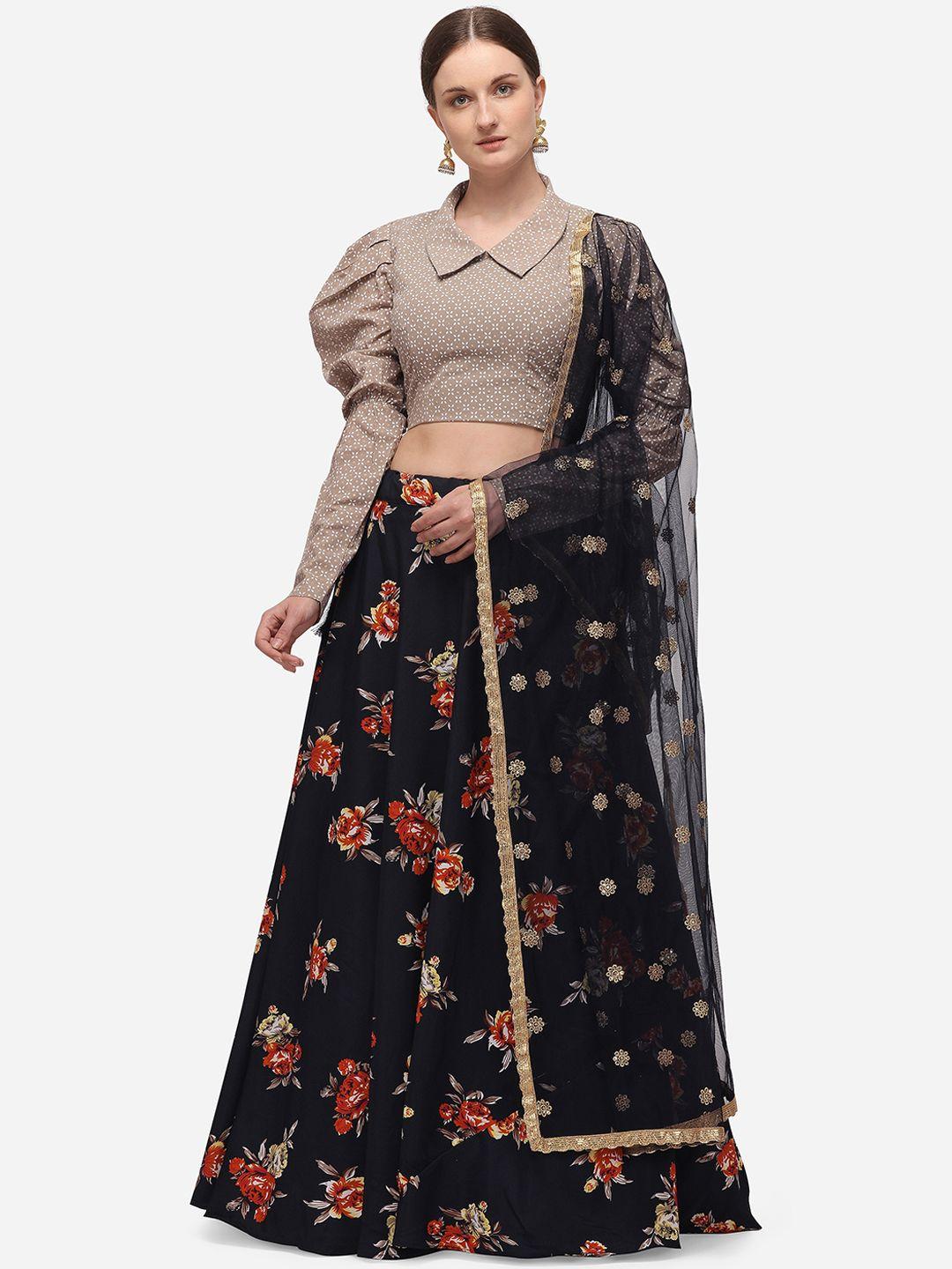 shubhkala black & grey printed semi-stitched lehenga & unstitched blouse with dupatta