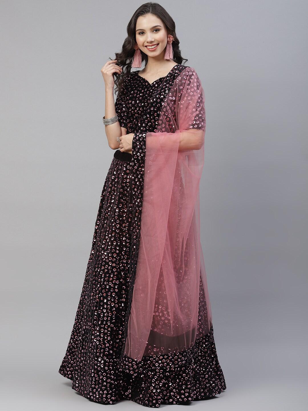 shubhkala black & pink embellished sequinned semi-stitched lehenga & unstitched blouse with dupatta