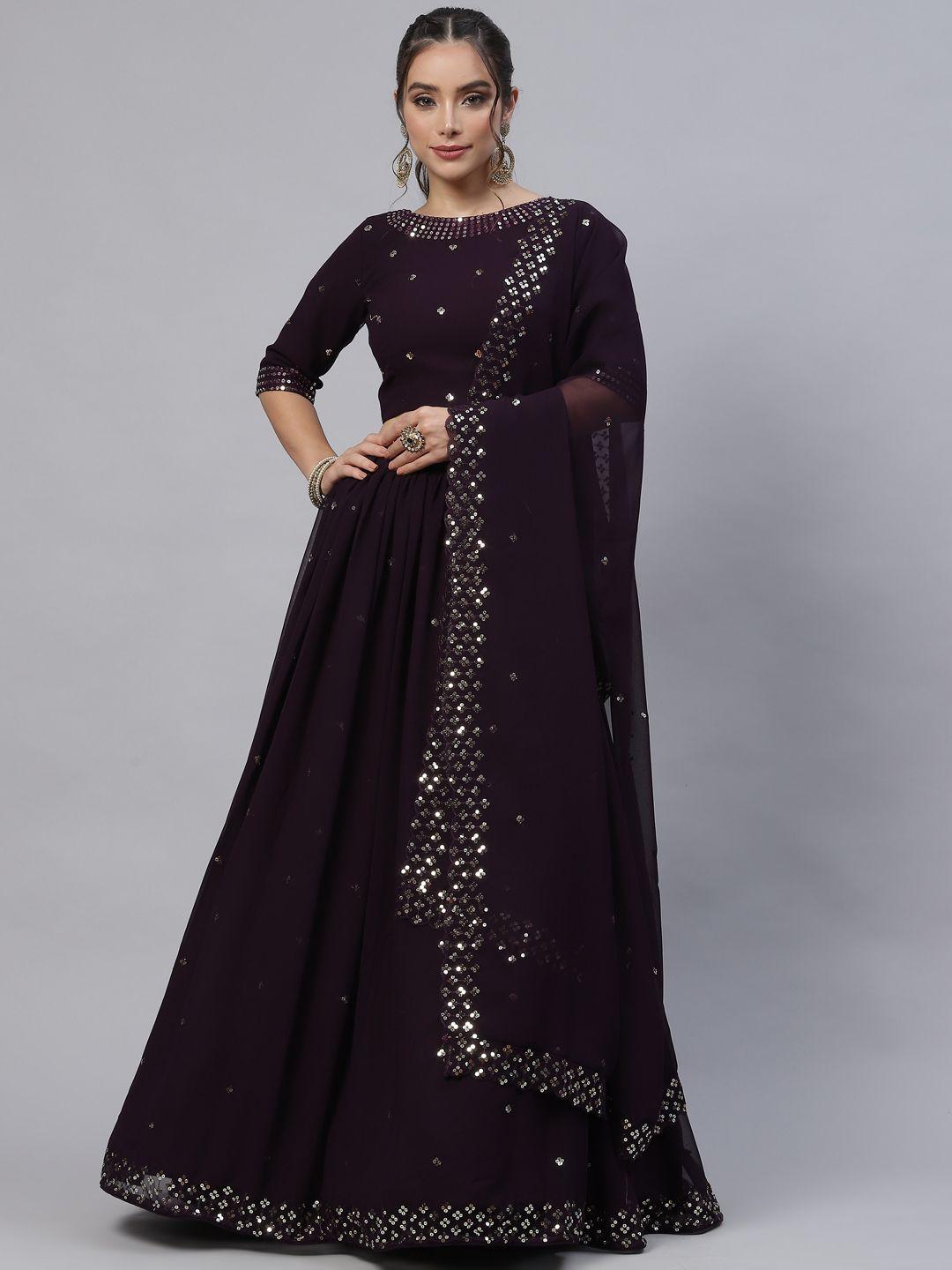 shubhkala burgundy embellished sequinned semi-stitched lehenga & unstitched blouse with dupatta