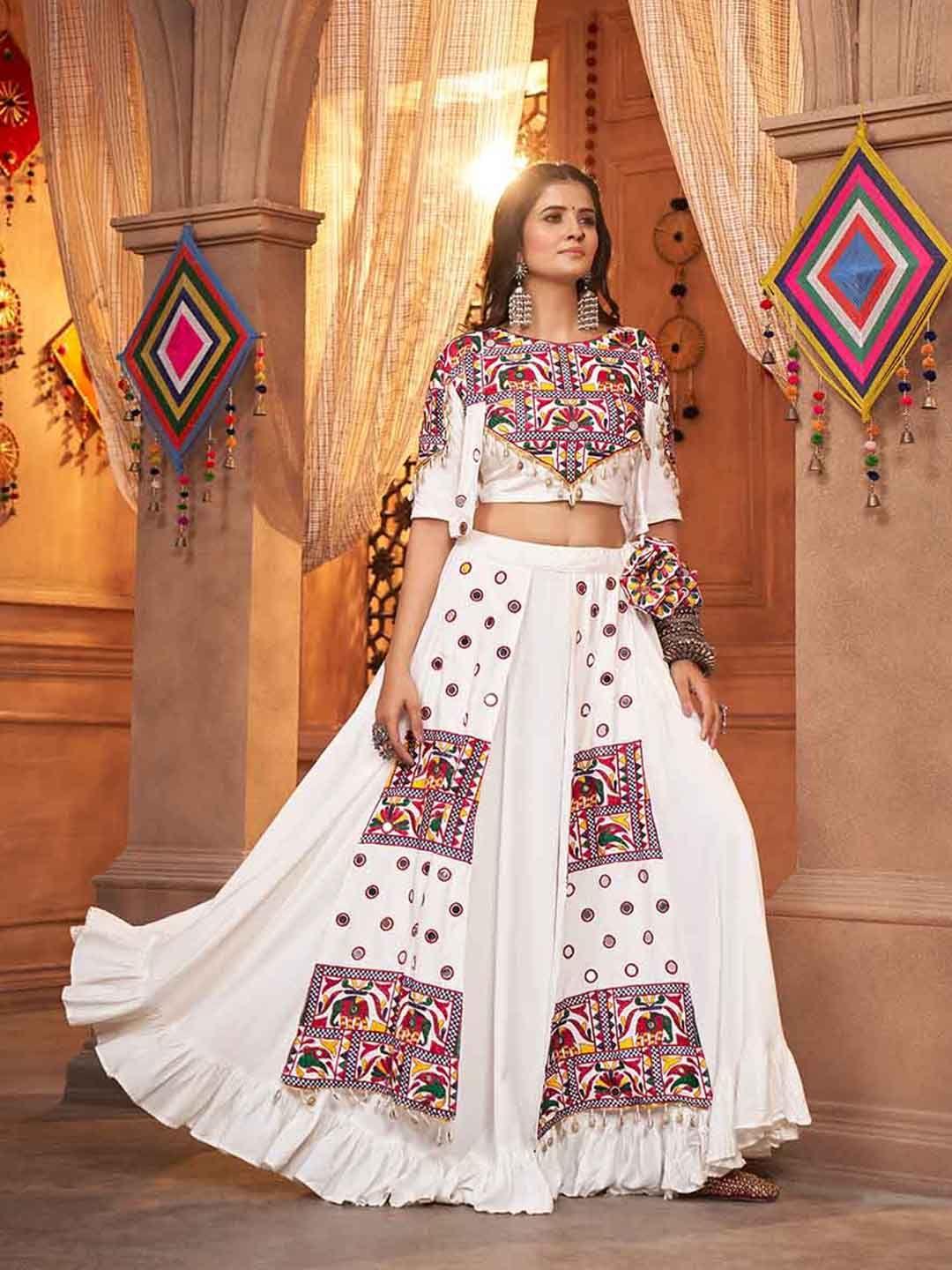 shubhkala embroidered mirror work ready to wear lehenga & unstitched blouse