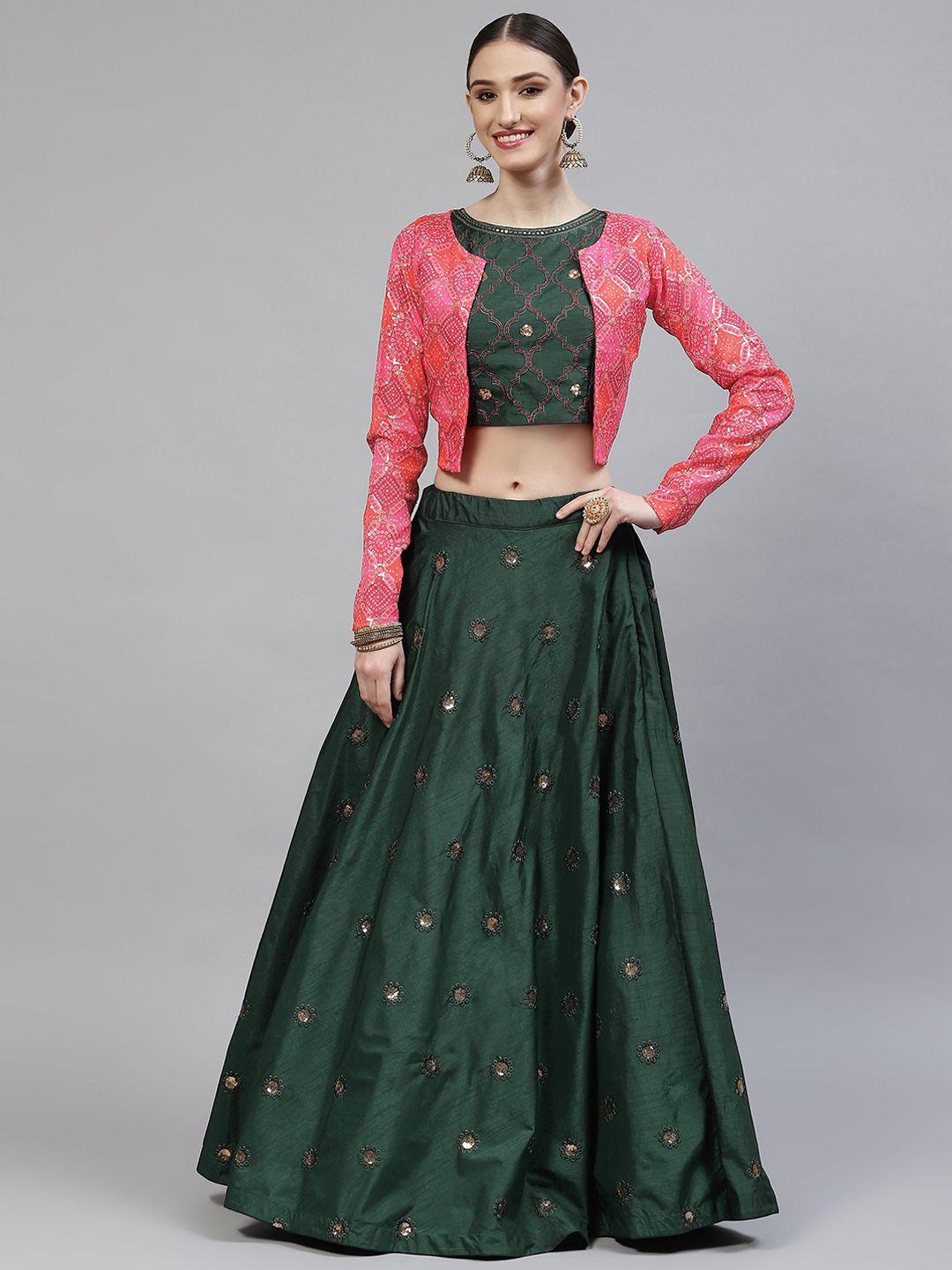 shubhkala green & pink embroidered sequinned semi-stitched lehenga & blouse with jacket
