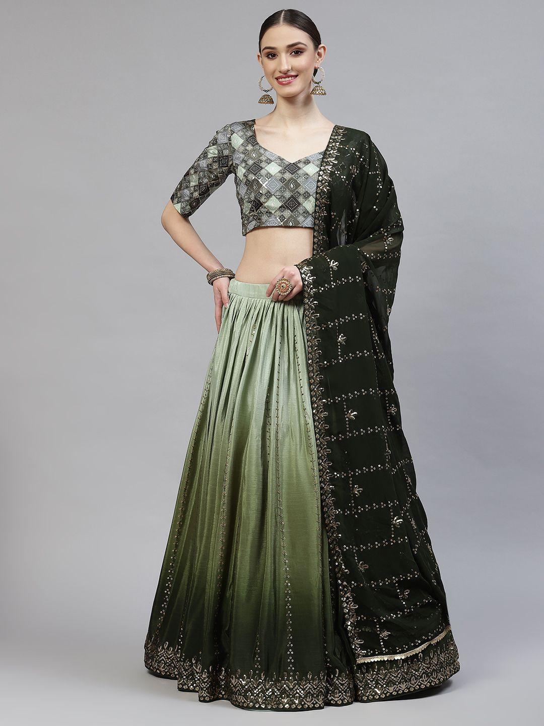 shubhkala green embroidered semi-stitched lehenga & blouse with dupatta