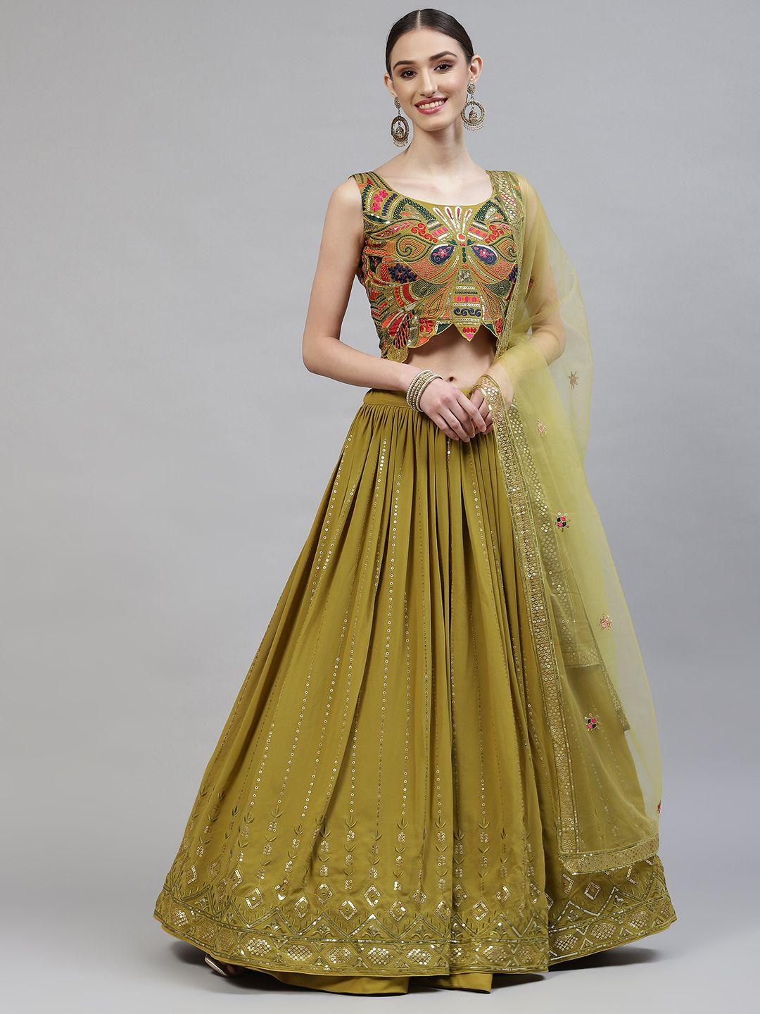 shubhkala mustard green embroidered semi-stitched lehenga & blouse with dupatta