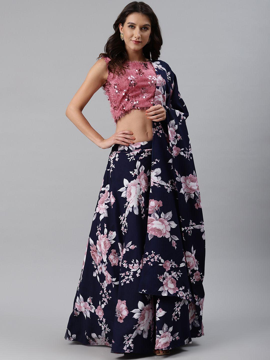 shubhkala navy blue & pink embellished semi-stitched lehenga choli