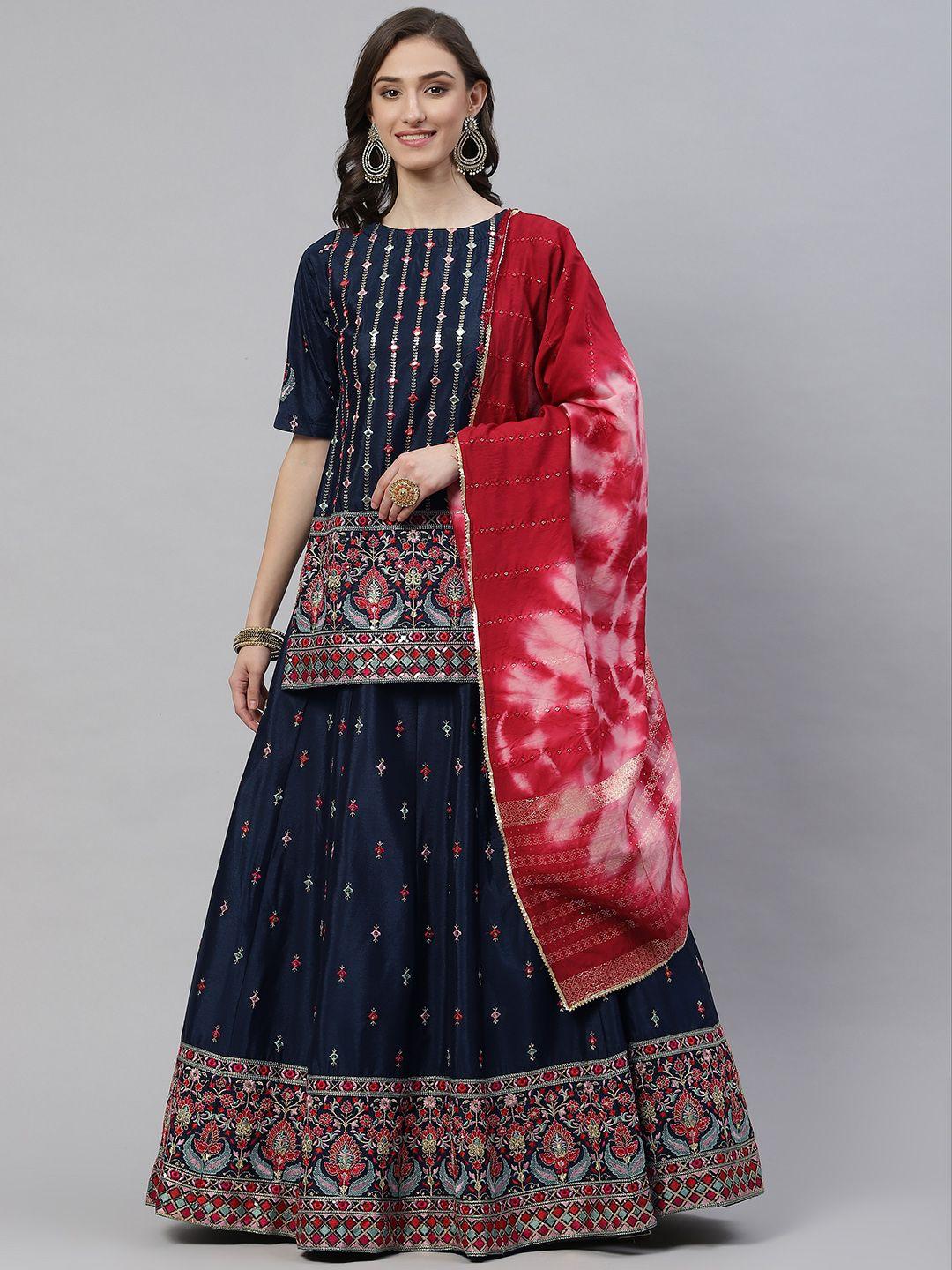 shubhkala navy blue & red embroidered mirror work semi-stitched lehenga & blouse with dupatta