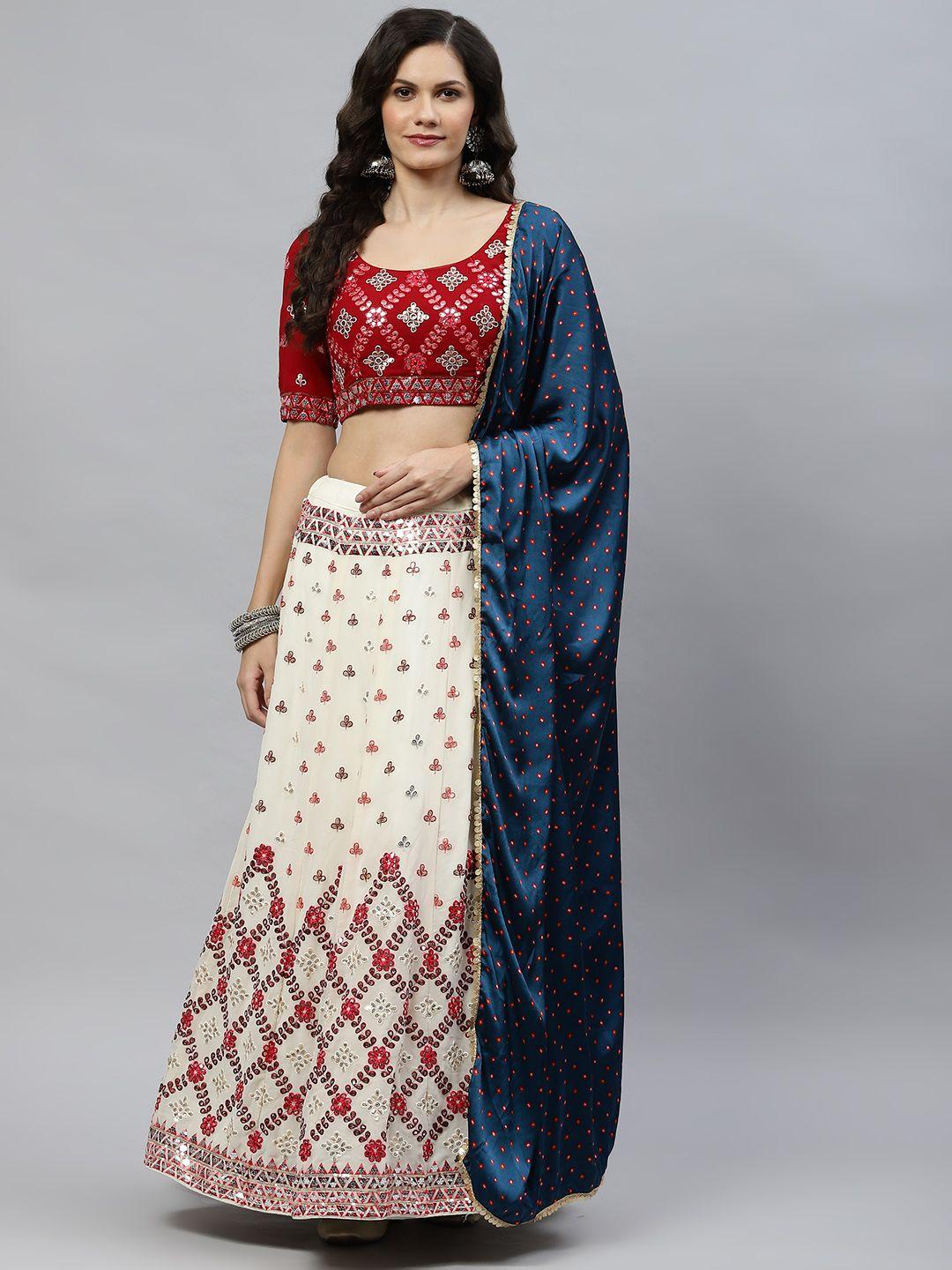 shubhkala off white & maroon embroidered sequinned semi-stitched lehenga & unstitched blouse with dupatta