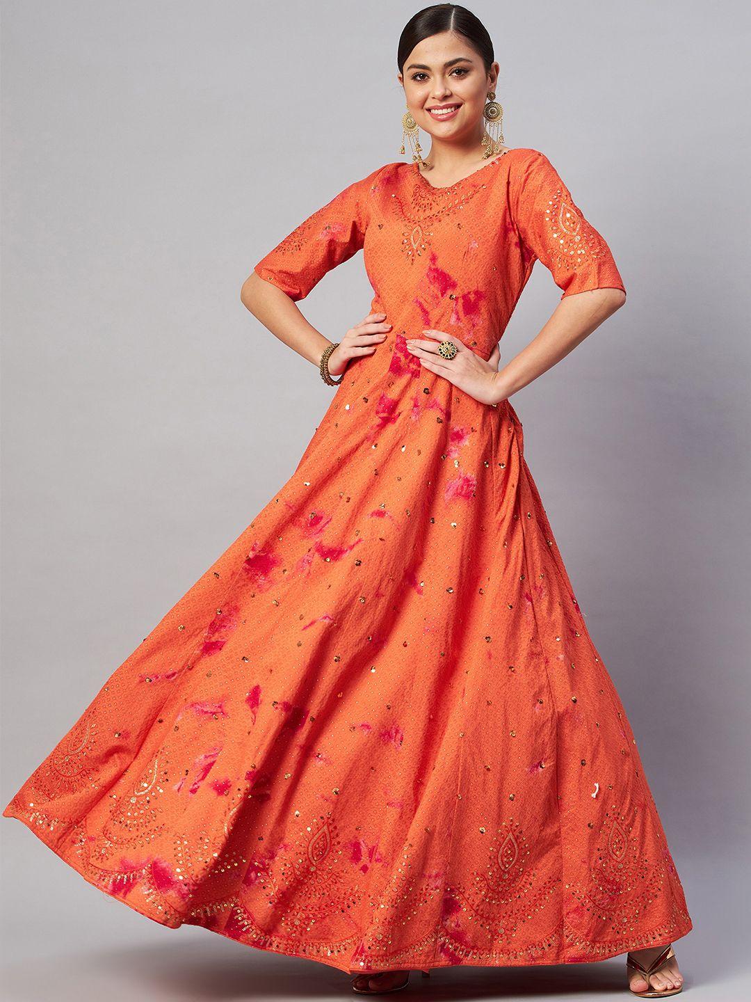 shubhkala orange embroidered semi-stitched dress material