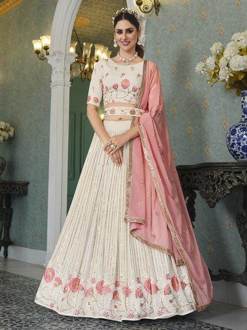 shubhkala pearl white & pink embroidered lehenga and choli set with dupatta