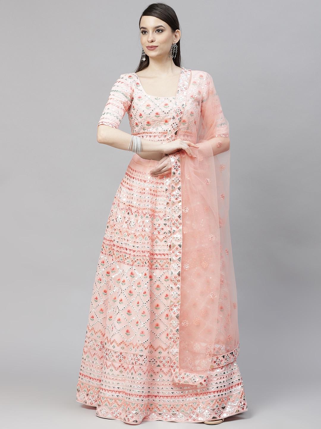 shubhkala pink & embroidered mirror work semi-stitched lehenga & unstitched blouse with dupatta