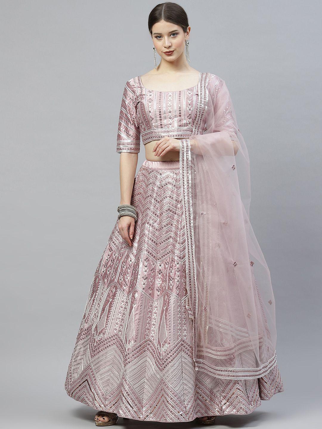 shubhkala pink embellished mirror work semi-stitched lehenga & unstitched blouse with dupatta